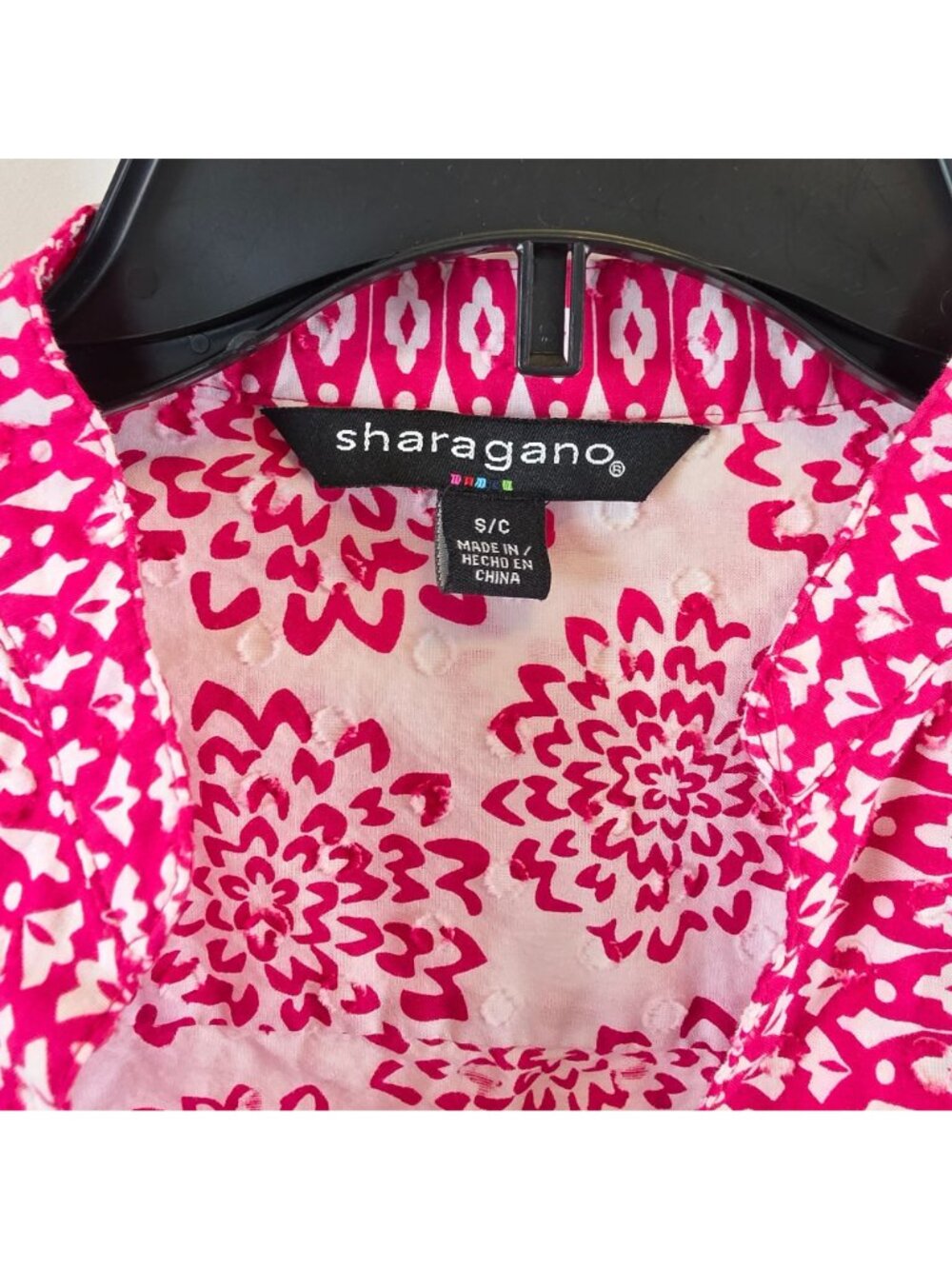 Sharagano Tunic Womens S Pink White Floral Cotton Split Neck 3/4 Sleeve Border H - Picture 2 of 4